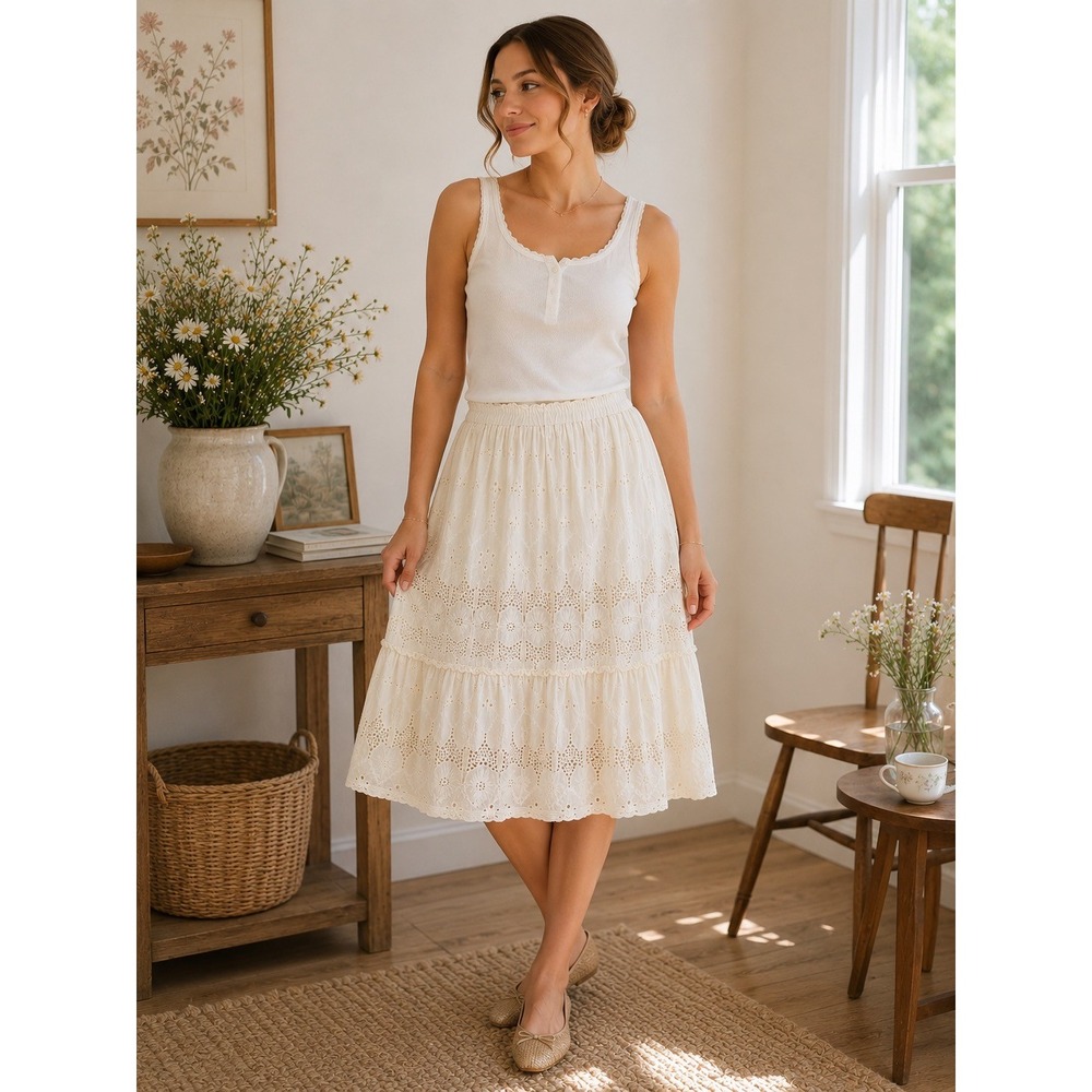 Liv Los Angeles Cream Eyelet Cotton Tiered Midi Skirt Small Boho Cottagecore